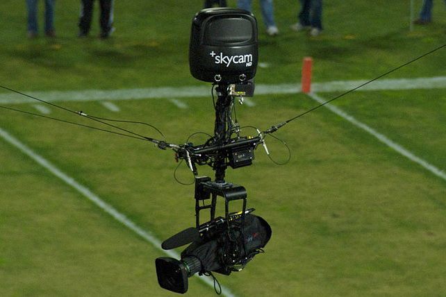 Skycam has mass of 20 kg and is in equilibrium. Cable A is in the x-y plane, acting 35 degrees from the positive x-axis. Cable B acts -30 degrees from the negative x-axis in the x-z plane, and 15 degrees above the x-z plane. Cable C acts 20 degrees in the y-z plane, -20 degrees from the positive z-axis.