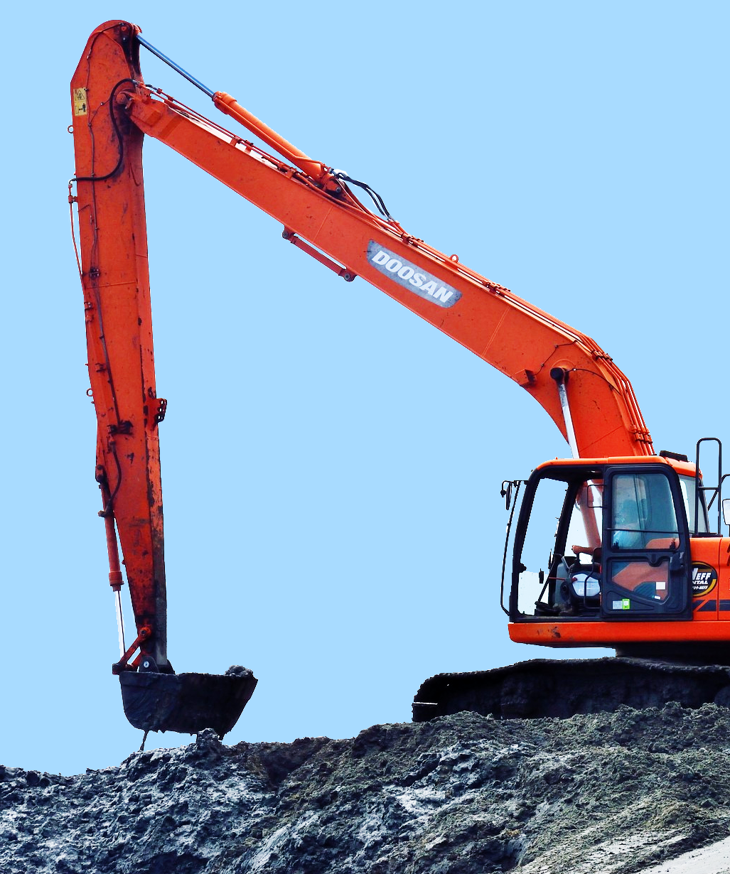 A backhoe with a boom which is connected to the car body and cab. A boom cylinder is connected to the boom and cab to actuate (move) the boom. At the end of the boom, the stick (arm) is connected, the end of which is the bucket. The arm cylinder connects the boom arm to the stick arm to change the angle between the two.